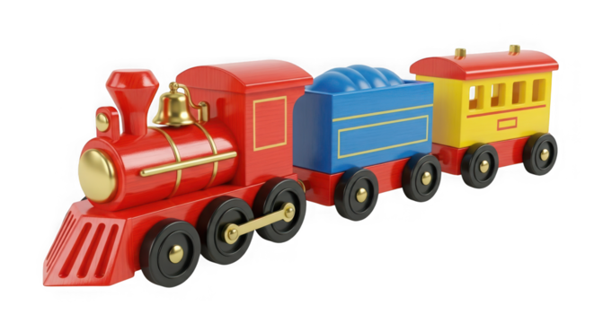 Bright red toy train with blue and yellow cars captivating children's imagination for playtime adventures and festive occasions transparent background - Powered by Adobe