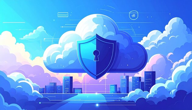 A large shield with a smaller shield is positioned in front of a cloud, with server racks below and various lock icons around. This represents secure cloud computing and robust data protection - Powered by Adobe
