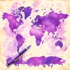 A world map, painted in shades of purple watercolor, sits on a textured, aged paper background. A purple pen rests beside it