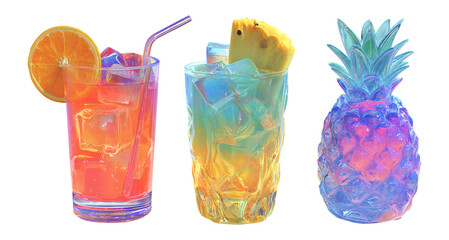 Colorful Tropical Drinks with Ice and Fruit Garnishes in Glasses