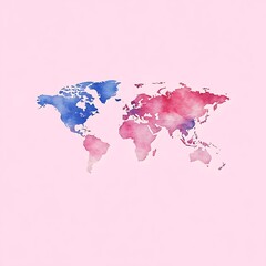 A world map, subtly colored with shades of pink and blue, giving a watercolor effect.  Soft, pastel hues against a light pink background