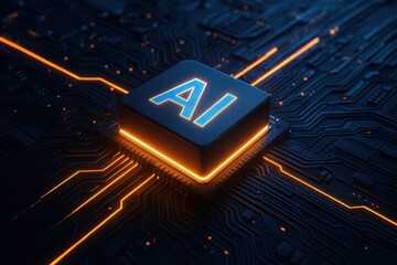 AI Chip Innovation: A close-up of a sophisticated computer chip emblazoned with the bold AI insignia glows, signifying the cutting-edge capabilities of machine learning and artificial intelligence.