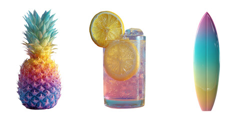 Colorful Pineapple, Refreshing Lemonade, and Surfboard Illustration