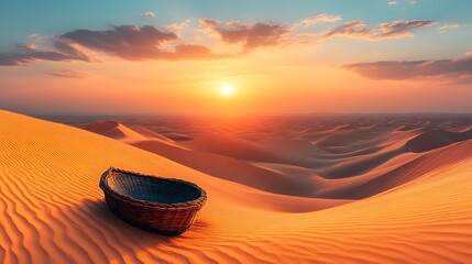 A woven basket sits on a desert dune at sunset.  Golden light bathes the sand