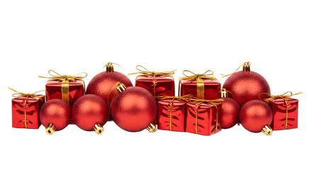 Red Christmas balls and gift boxes.