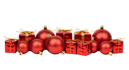 Red Christmas balls and gift boxes.