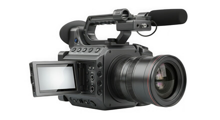 Naklejka premium Professional digital video camera with flip-out lcd screen and microphone for high-quality filmmaking and content creation transparent background