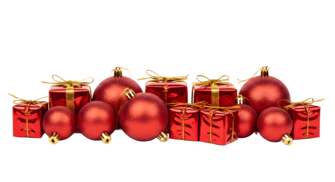 Red Christmas balls and gift boxes.
