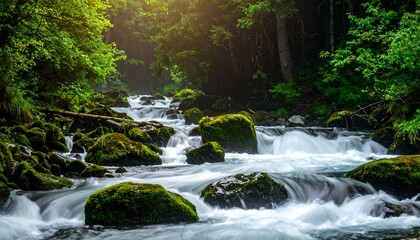Obraz premium Lush mountain stream cascading over rocks