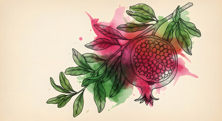 Pomegranate with Leaves and Watercolor Effect