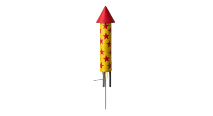 Single yellow firework rocket with red cone and star patterns.