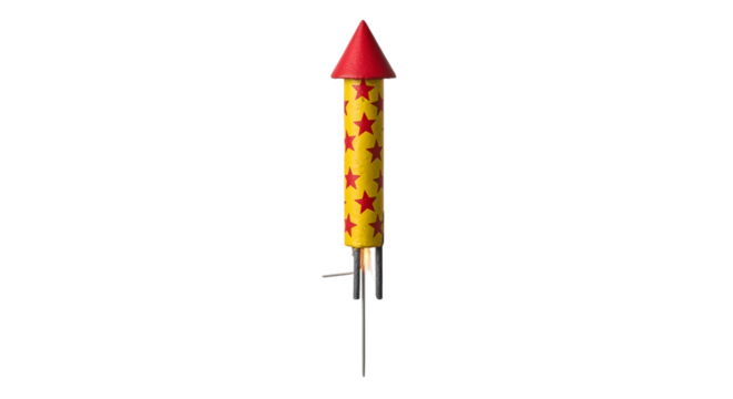 Single yellow firework rocket with red cone and star patterns.