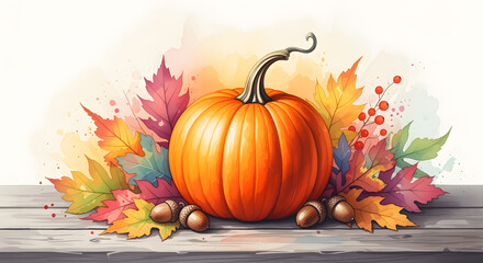 Pumpkin with Fall Leaves and Acorns Watercolor