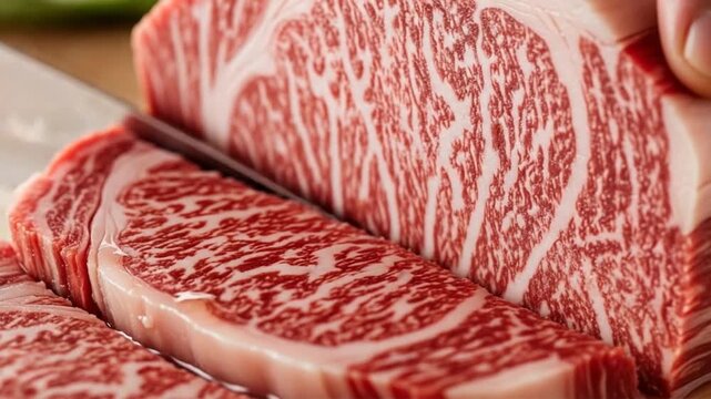 Close-up of wagyu beef being sliced, showcasing marbling, texture, and freshness. Ideal for culinary blogs, restaurant menus, and food photography projects.