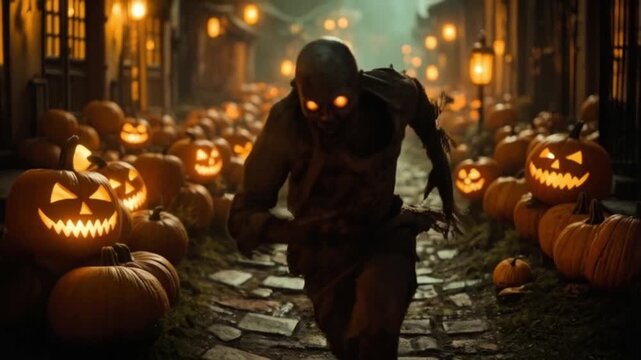 A scary monster runs through a halloween display of pumpkins with glowing yellow eyes at night time halloween zombie video