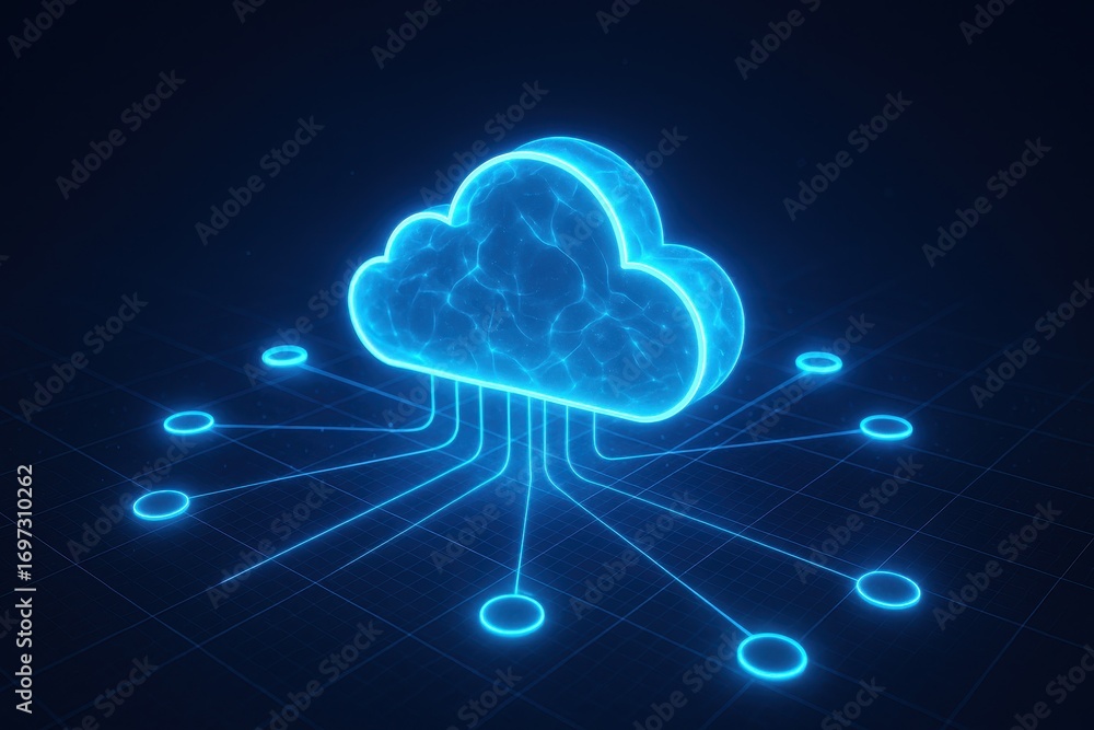 Poster cyber cloud connection: a glowing, electric blue cloud pulsating at the center, with interconnecting