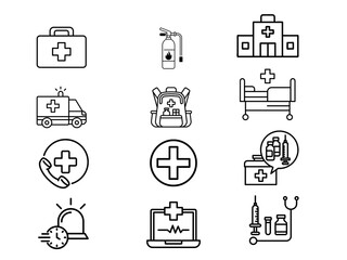 First aid emergency icon set isolated on white background. ambulance, first aid box, emergency call line, hospital alarm icon on white background.