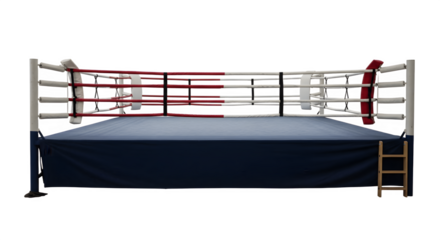 A Boxing Ring with Red White and Blue Ropes and a Blue Mat.