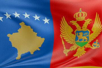 Flag of Kosovo and Montenegro Flag in motion, realistic textile folds and ripples, symbolizing...