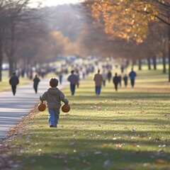 A young boy with pumpkins, walking on a park path, with many people strolling past in autumn