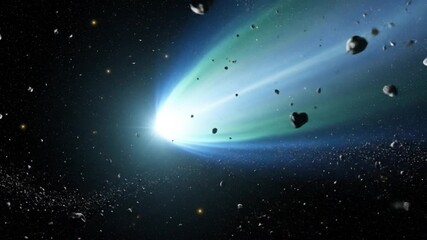 Cosmic View of a Shining Blue-Green Comet Passing Through an Asteroid Belt, a Beautiful and Dramatic Space Phenomenon
