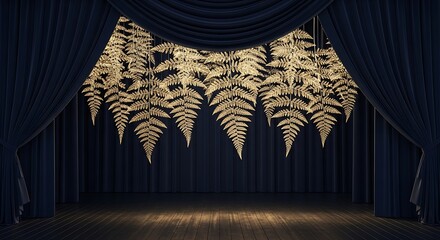 Opulent stage setting, blue velvet curtain, golden fern fronds adornment