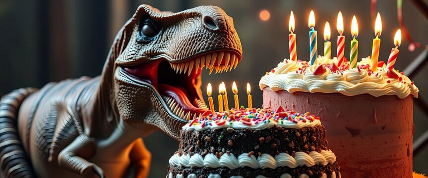 A Tyrannosaurus Rex playfully devours a large, frosted birthday cake, beast, jurassic