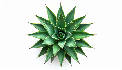 Obraz premium Top-down view of a vibrant green agave plant with pointed leaves arranged in a symmetrical, star-like pattern against a white background.