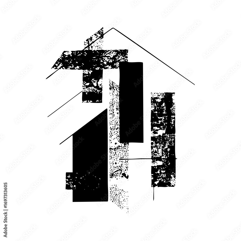 Poster vector abstract house with textured blocks and linear roof.