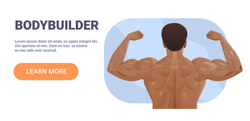 Bodybuilder flexing muscular back fitness strength healthy lifestyle male athlete showing muscles blue abstract background website banner