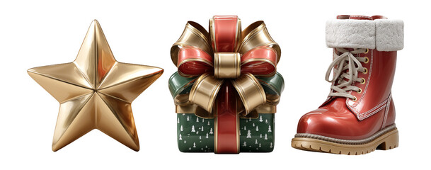 Golden Star Decorative Ornament with Gift Box and Red Winter Boot