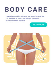 Body care fitness woman measuring waist healthy lifestyle female torso with tape measure yellow botanical background website banner