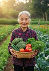 Fototapeta premium Gardener's Bounty: An elderly woman presents a rustic basket overflowing with fresh, vibrant vegetables, harvested from her own garden, as a testament to health, nature, and the simple joys of life.