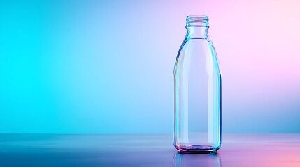 Transparent glass water bottle standing on smooth reflective surface with bright gradient background, minimal clean concept with large empty copy space for branding and advertising design.