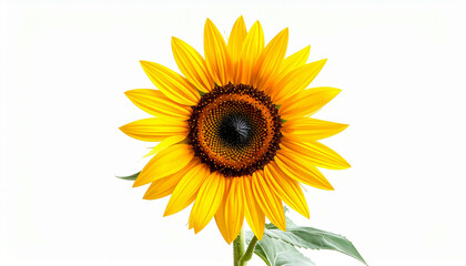 Naklejka premium Close-up of a vibrant sunflower with yellow petals and a dark brown center, isolated against a bright white background.