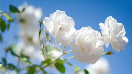 Close-up of white bush roses in full bloom against a soft blue sky, embodying spring garden beauty.