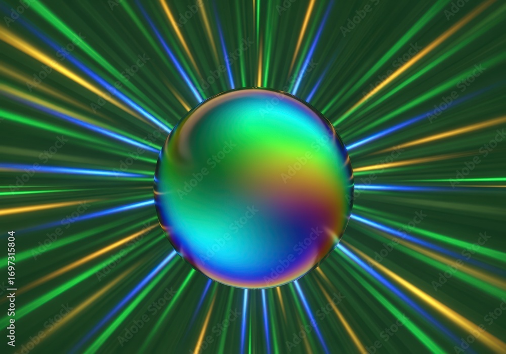 Poster abstract iridescent sphere with colorful glowing rays