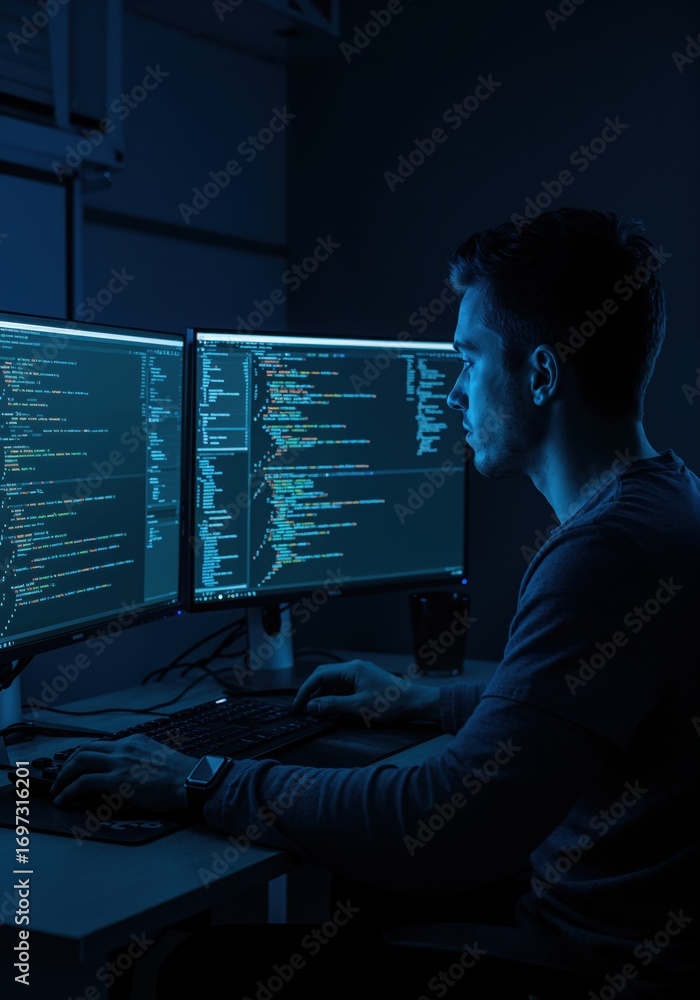 Poster tech wizard: a focused individual navigates the digital realm, immersed in lines of code across two 