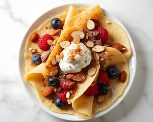 Deluxe Crepe Menu Styling: Overhead shot of deluxe crepes on half of the image with rich toppings and ingredients like berries, Nutella, almonds, and cream styled for a premium menu look.