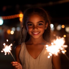 A young girl smiles brightly, holding sparklers at night.  Bokeh lights in the background