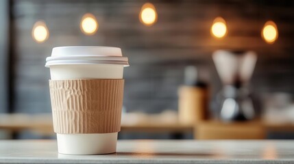 Close-up of a disposable coffee cup with a white lid and brown paper sleeve on a wooden table in a cozy cafe with blurred warm lighting and rustic interior background