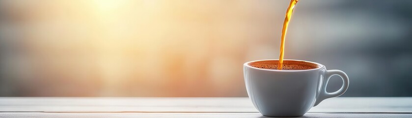 Close-up of a white ceramic cup filled with steaming hot coffee with coffee being poured from above against a blurred background
