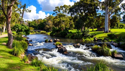 Picturesque river flowing through parkland, lush greenery, blue sky