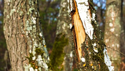 Close-up of a birch tree trunk with a damaged section