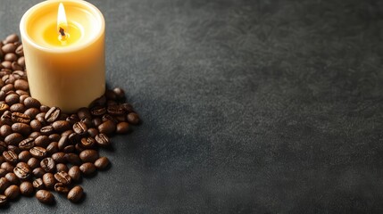Warm ambient scene featu a lit candle surrounded by roasted coffee beans on a dark textured surface ideal for cozy, relaxing or coffee shop themes