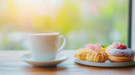 Cozy morning scene with a white coffee cup on saucer and a plate of assorted fresh pastries including cookies and donuts on a wooden table near a bright window with blurred green outdoor background