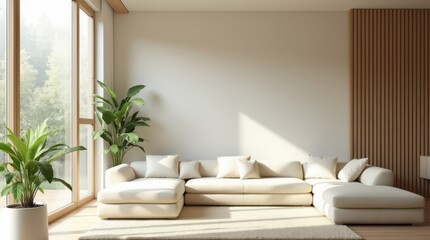 Sunlit Modern Living Room with Large Sectional Sofa and Plants.