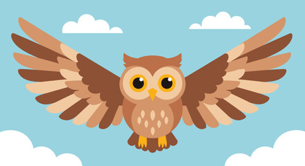 Naklejka premium Cartoon Owl Flying with Open Wings Against a Blue Sky. Suitable for children's book illustrations, educational materials, and nature-themed designs.