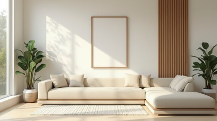 Modern Beige Sectional Sofa in a Bright Living Room with Plants and Wooden Accents.