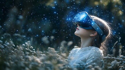 A young girl wearing VR headset in a magical forest
